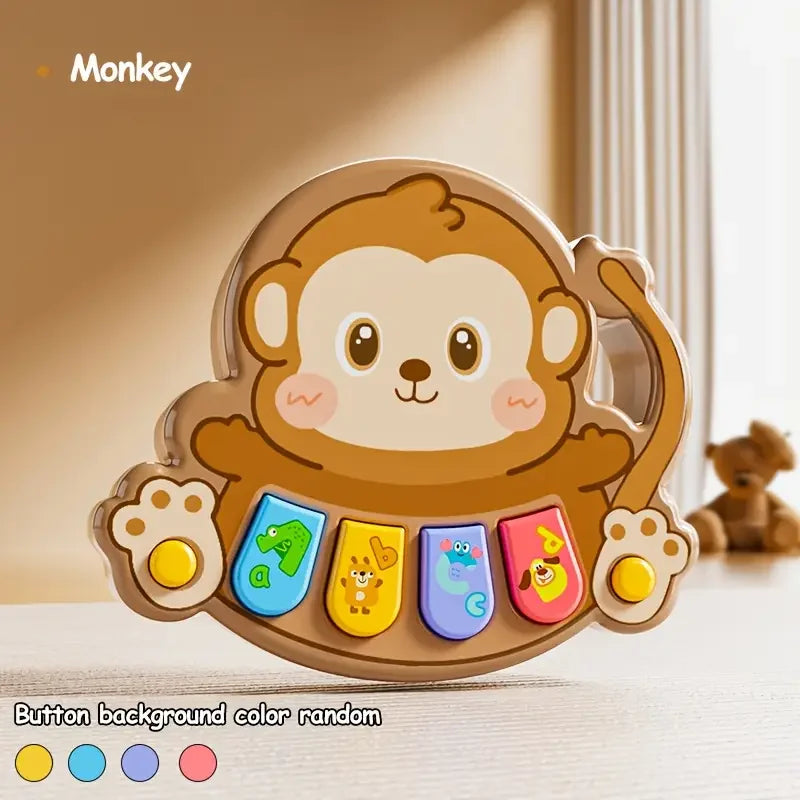 A round, brown monkey-shaped button toy with colorful accents and a handle.
