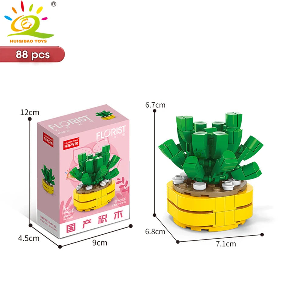 A set of 88 pieces of DIY flower succulent building blocks in green and yellow for desktop plant decor.