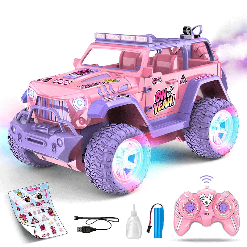 A pink 1:16 scale off-road RC car with purple lights and stickers, shown next to its remote control and DIY stickers.