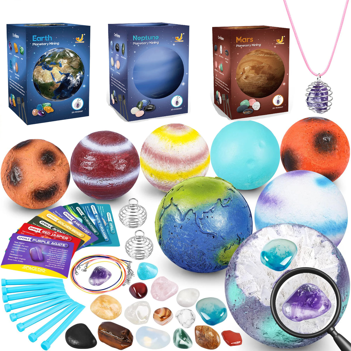 A collection of colorful planet gems and minerals used for a planet digging kit.