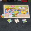 A wooden jigsaw puzzle featuring colorful animals and flowers, presented on a light wooden board.