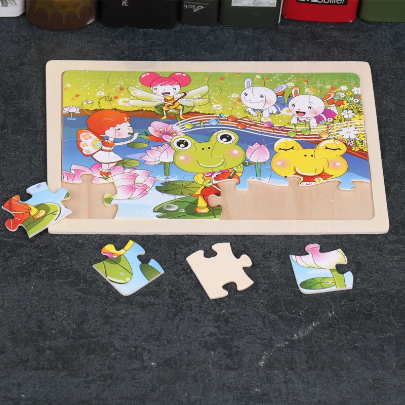 A wooden jigsaw puzzle featuring colorful animals and flowers, presented on a light wooden board.
