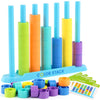 A set of colorful stacking rings in various shades of blue, green, orange, and purple for early learning and motor skills dev