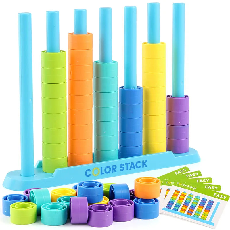 A set of colorful stacking rings in various shades of blue, green, orange, and purple for early learning and motor skills dev