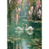 A painting depicting pink blossoms and green foliage along a body of water with two white swans swimming.