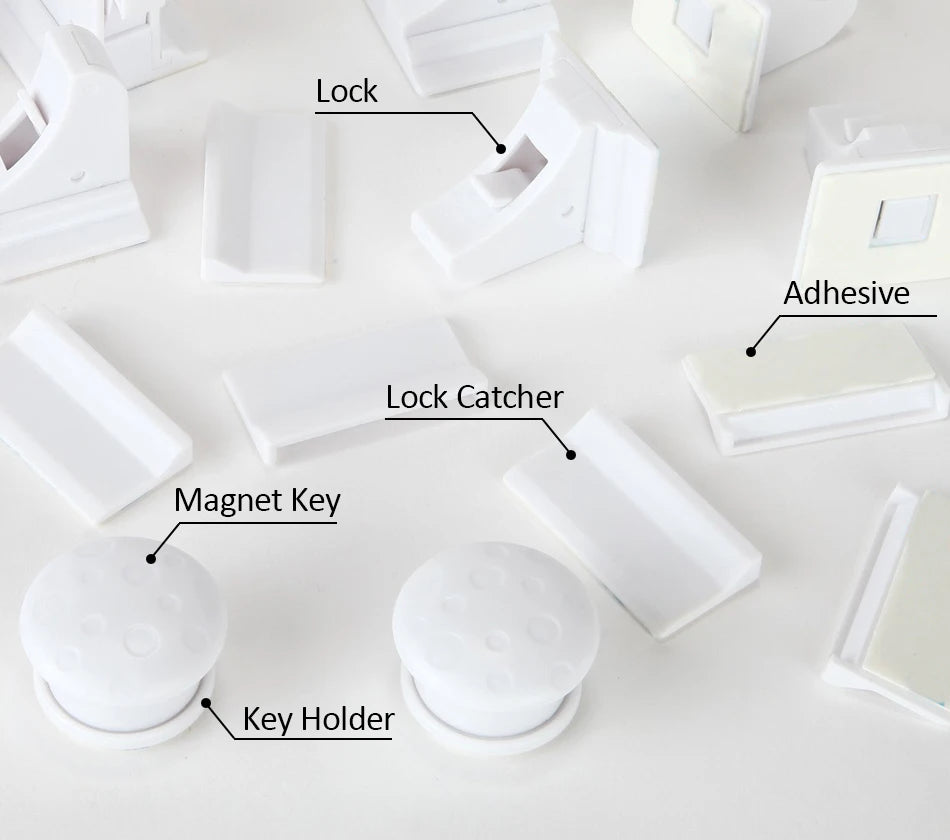 White magnetic cabinet door lock components including a lock, adhesive, magnetic key, and key holder.