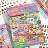 A collection of colorful stickers featuring miniature supermarket and convenience store scenes for decorating.