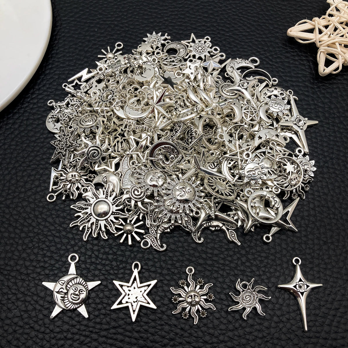 Celestial Charm Assortment – Vintage Silver Stars, Moons & Suns for Jewelry Making