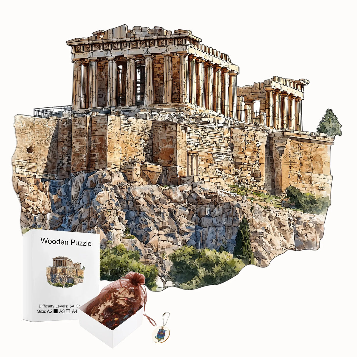 An artistic wooden jigsaw puzzle depicting the Parthenon ruins on a rocky hill.
