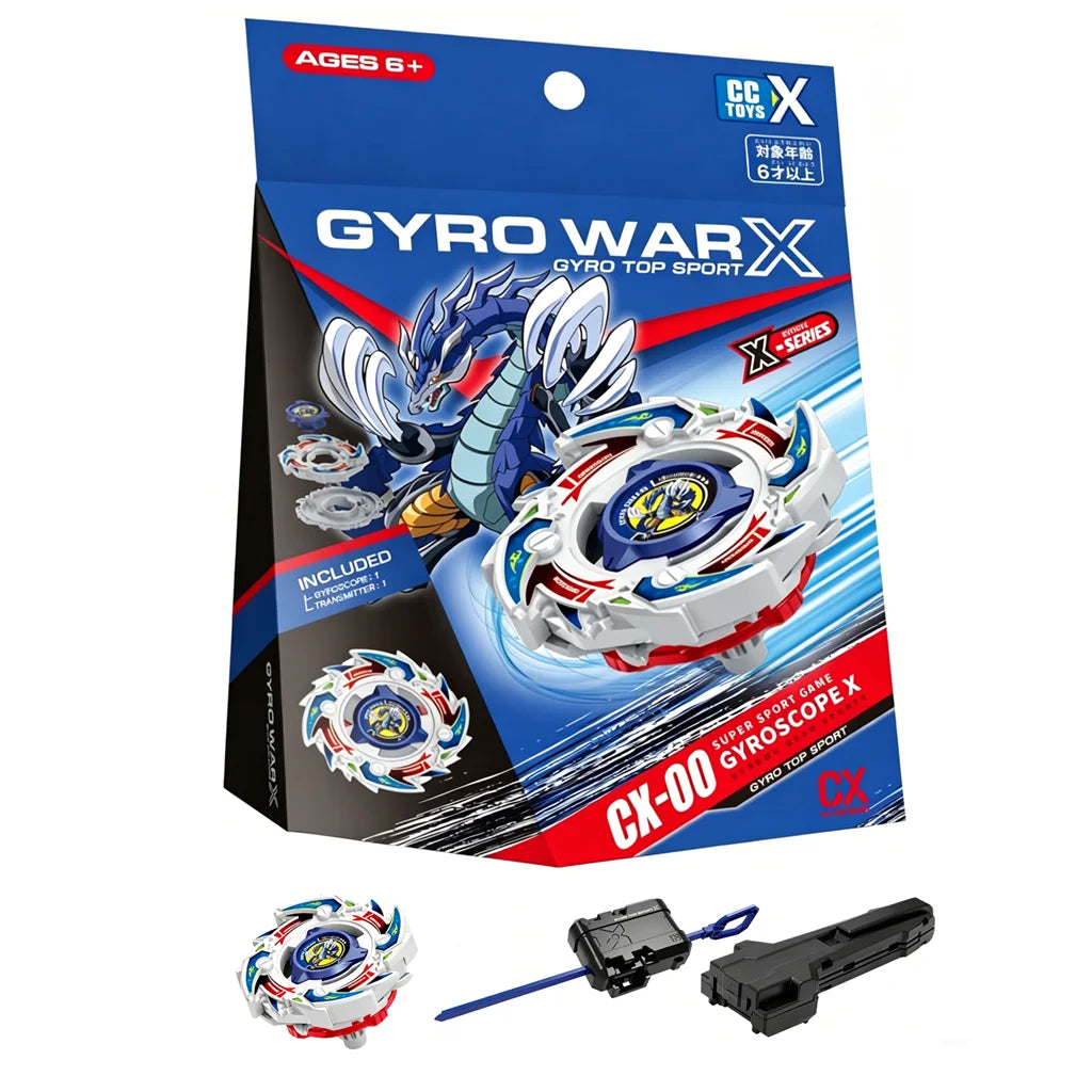 A box of Gyro War X products featuring a spinning top and associated launchers.