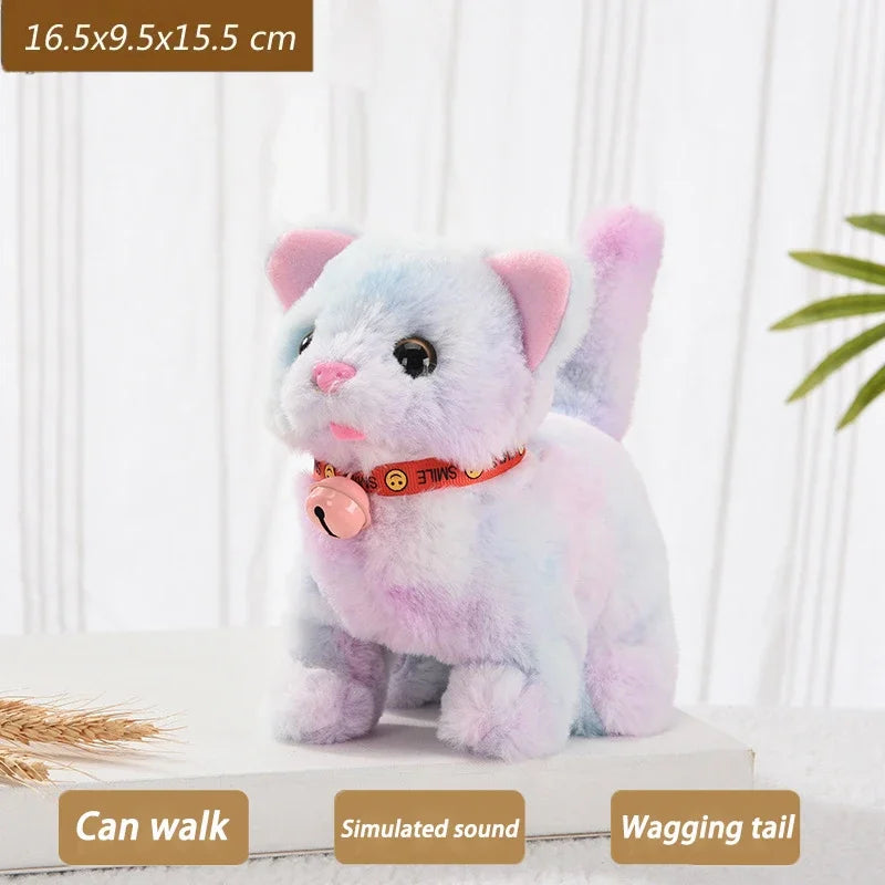 A fluffy pink and blue plush cat toy with a collar is shown sitting on a white surface.
