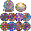 A colorful diamond art coaster kit with a holder featuring intricate floral and geometric patterns.