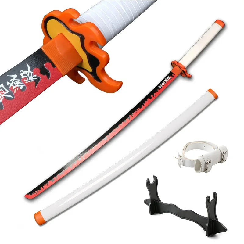 A Demon Slayer anime katana with an orange hilt and a white blade is shown alongside its scabbard and a separate sword compon