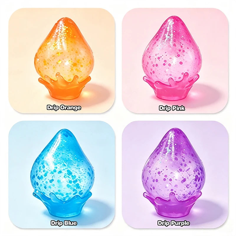 Four squishy toys in different colors Drop Orange, Drop Pink, Drop Blue, and Drop Purple