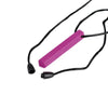 A bright pink silicone chew necklace with black cord and a small connector.