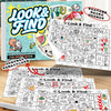 A box and pages of a Look & Find activity book for kids featuring hidden objects and coloring pages