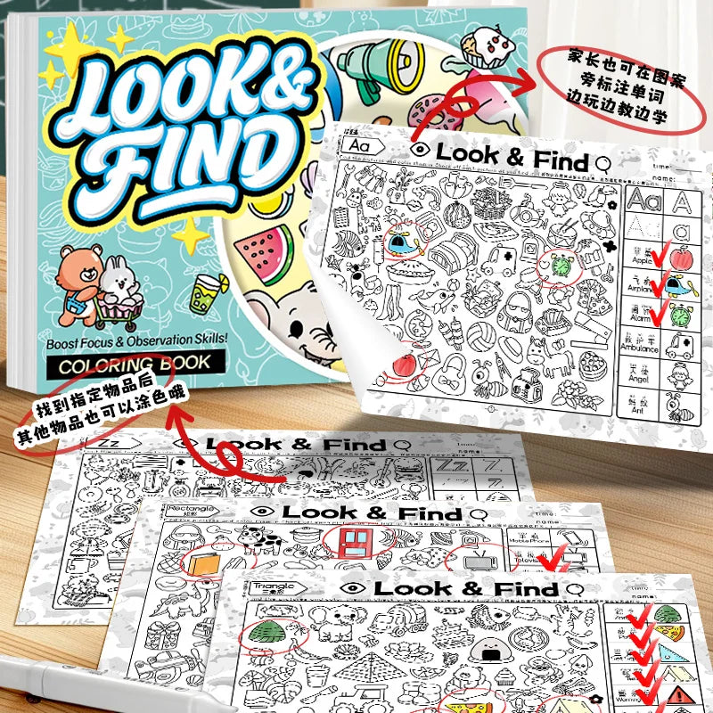 A box and pages of a Look & Find activity book for kids featuring hidden objects and coloring pages