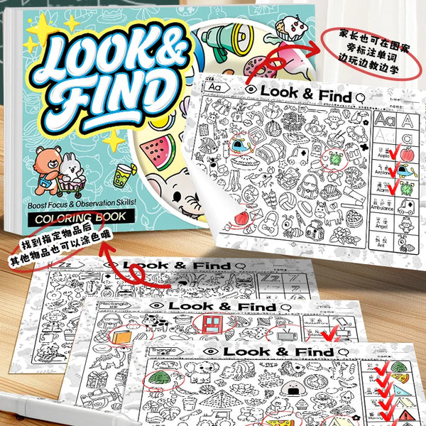 Boîte et pages d'un livre Cherche et Trouve pour enfants avec objets cachés et pages à colorier