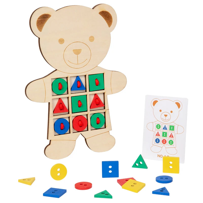 Wooden lacing boards for children featuring colorful ropes and practice for threading skills