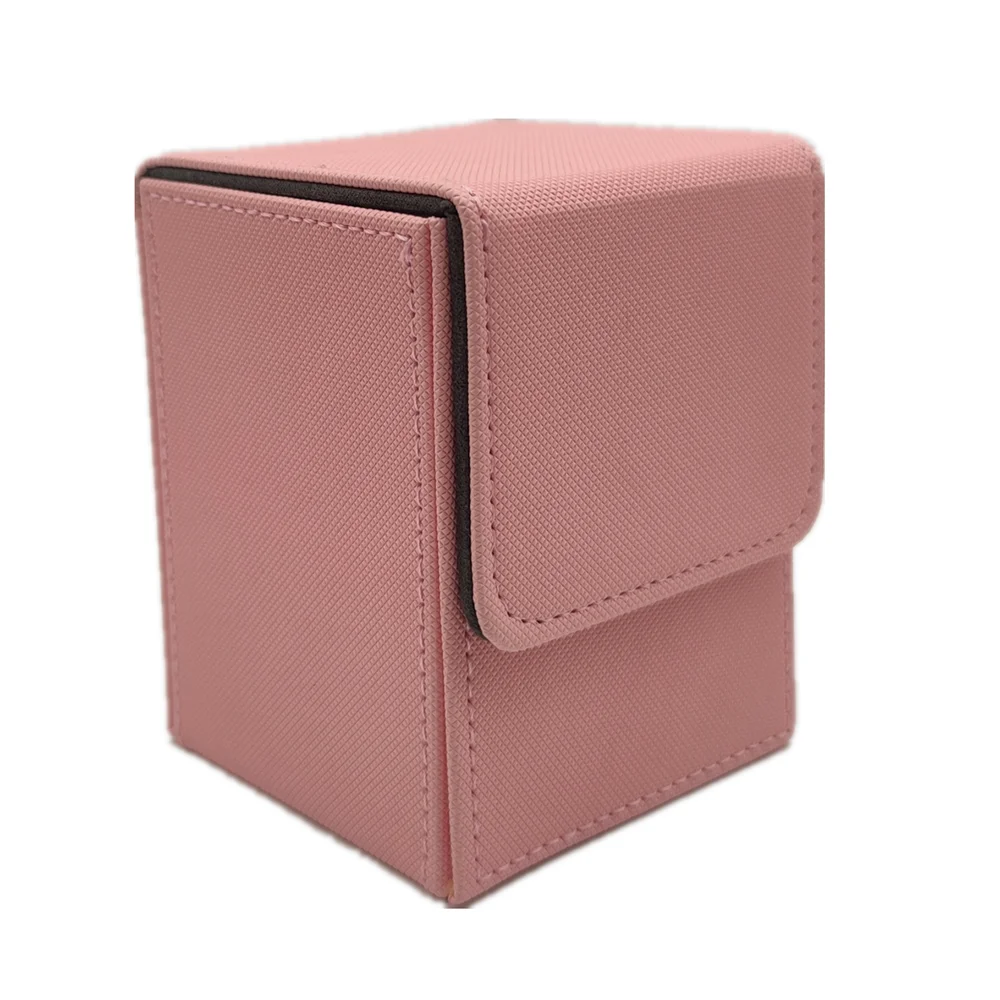 A pink premium leather deck box designed to hold trading cards.