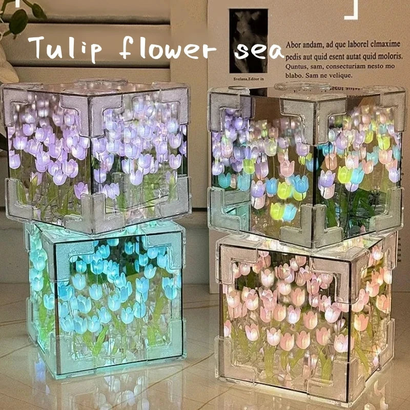 A glass cube night light featuring colorful tulip flowers and foliage.