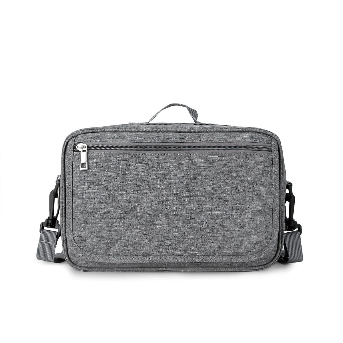 A gray portable diaper bag with a zippered compartment and adjustable straps.