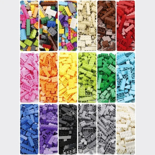 A grid of various colorful plastic building blocks in different colors and shapes.