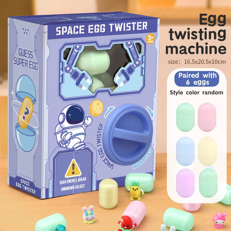 A box of Space Egg Twister twisting machine with six colored eggs and a purple plastic component.
