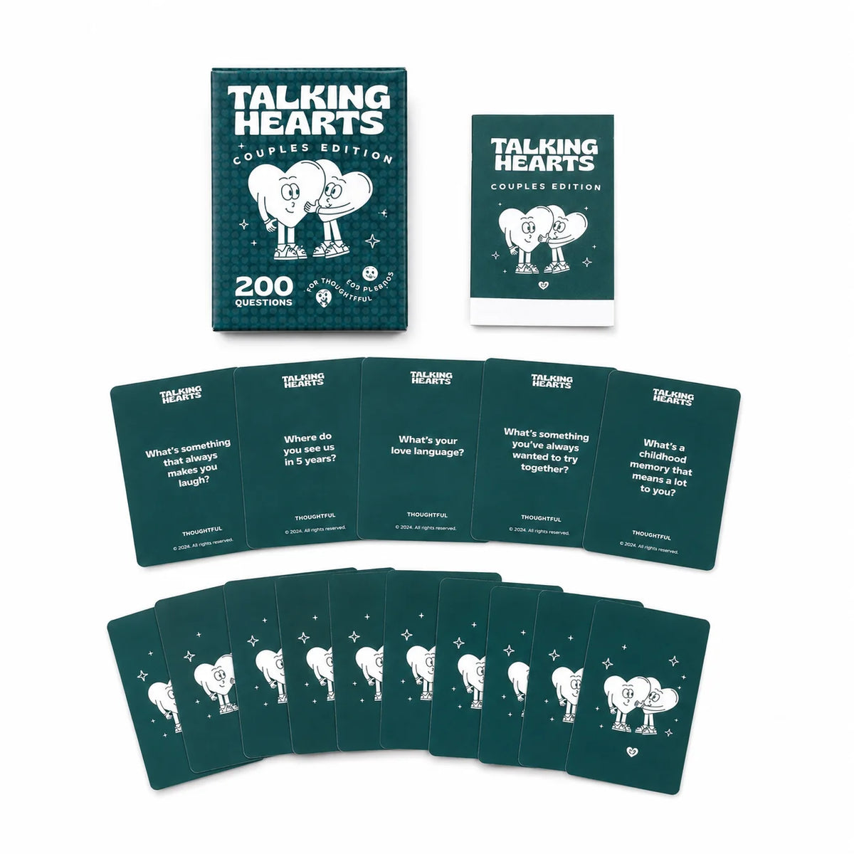 A set of Talking Hearts couple conversation cards featuring 200 questions for date night and travel.
