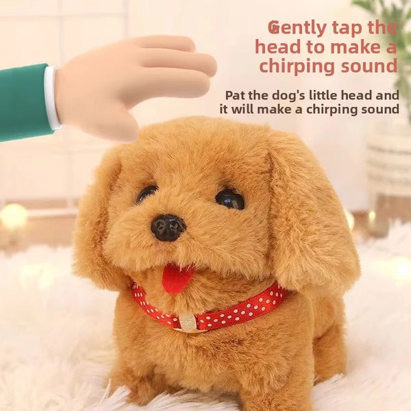 A fluffy golden dog plush toy is shown with a hand gently tapping its head to make a chirping sound.