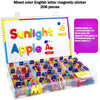 A box of mixed color English letter magnetic stickers including capital and lowercase letters for educational learning.
