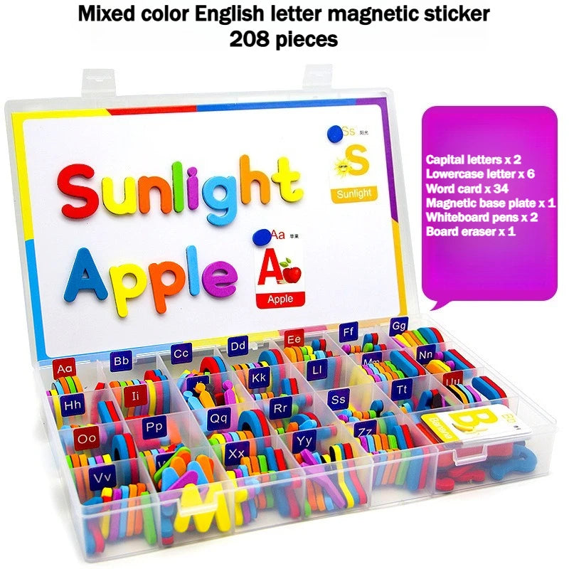 A box of mixed color English letter magnetic stickers including capital and lowercase letters for educational learning.