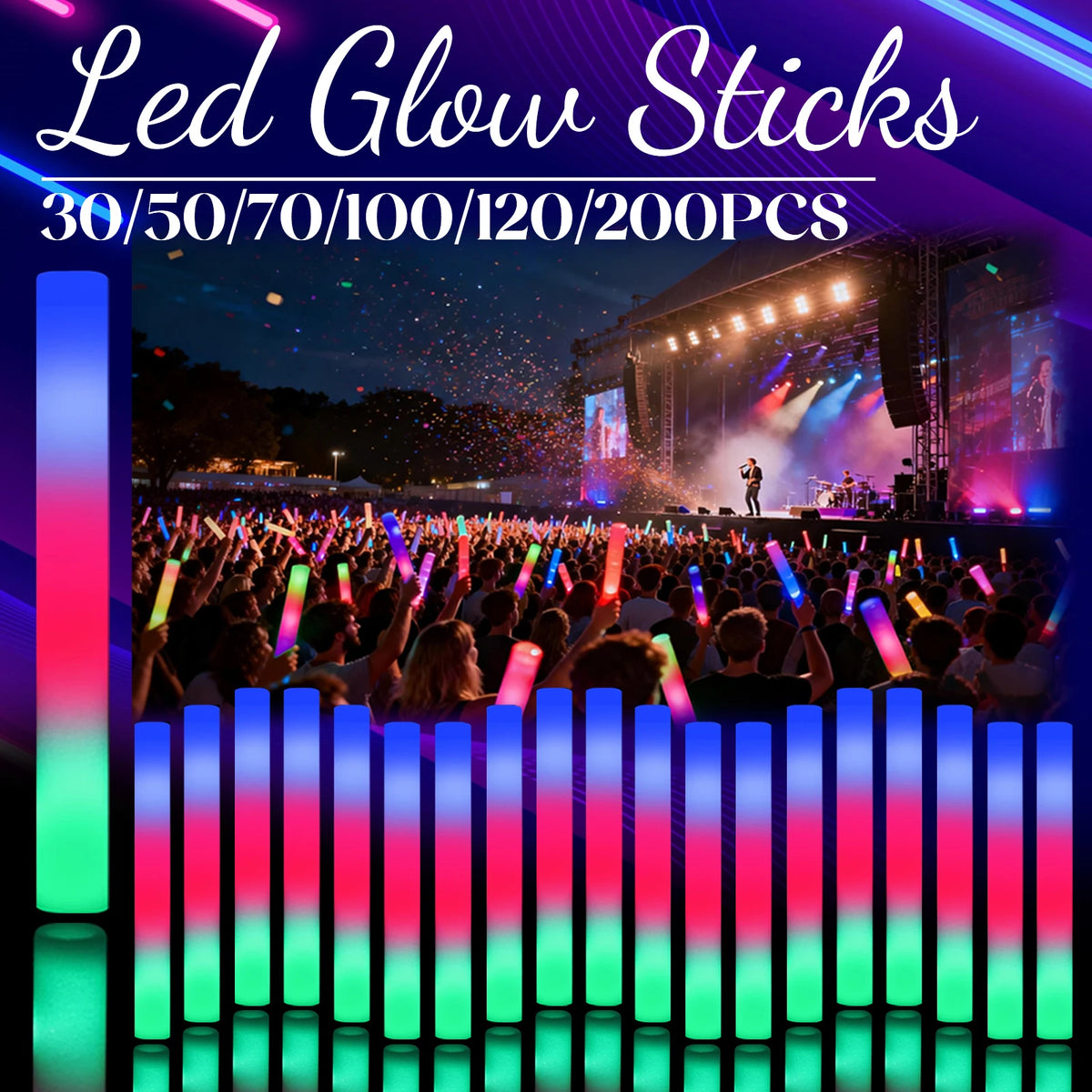 A display of various LED glow sticks in different colors and quantities, set against a concert or performance backdrop.
