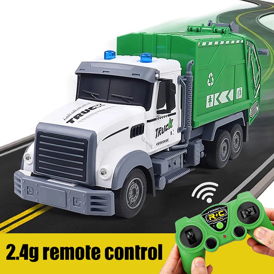 A white and green RC sanitation truck is shown with a 2.4g remote control in a yellow background.