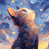 A fluffy orange cat looks up at a bright yellow star and crescent moon against a blue and purple starry sky.