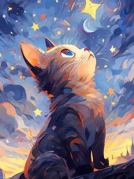 A fluffy orange cat looks up at a bright yellow star and crescent moon against a blue and purple starry sky.
