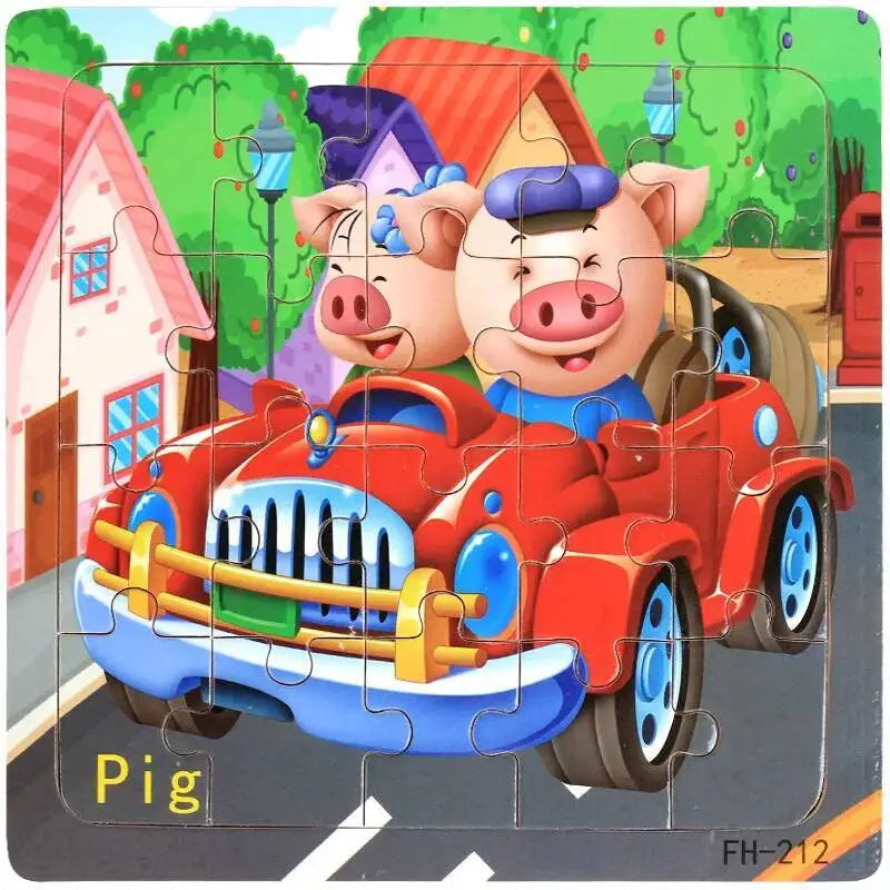 A 20-piece wooden puzzle featuring pigs driving a red vintage car.