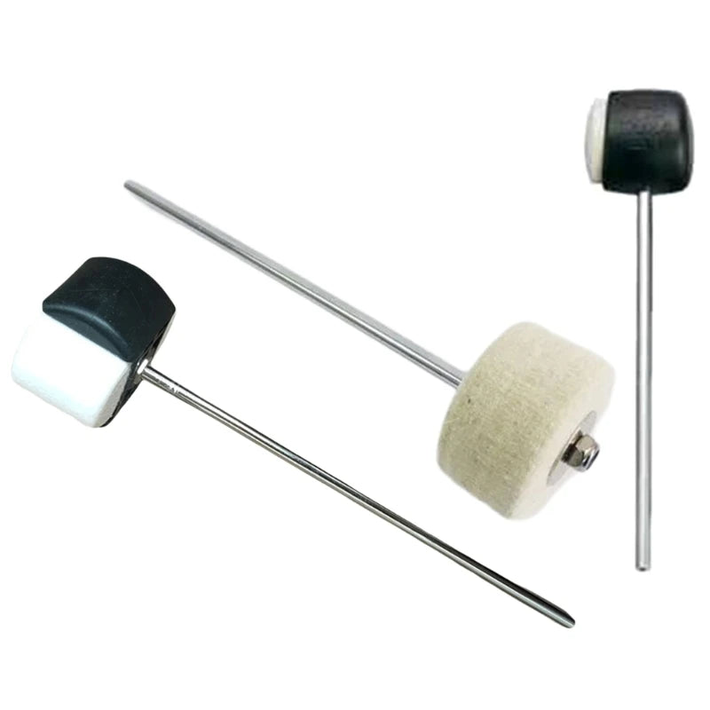 A dual-sided bass drum pedal beater with felt and rubber heads shown against a white background.