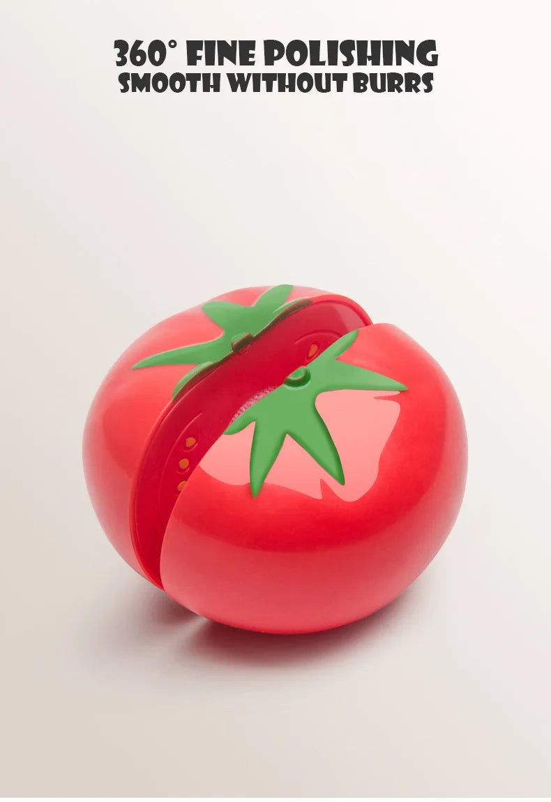 A bright red plastic tomato with a green stem, shown for 360 degree fine polishing.