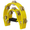 Yellow double-layer tambourine for kids with metal jingles and a black grip.