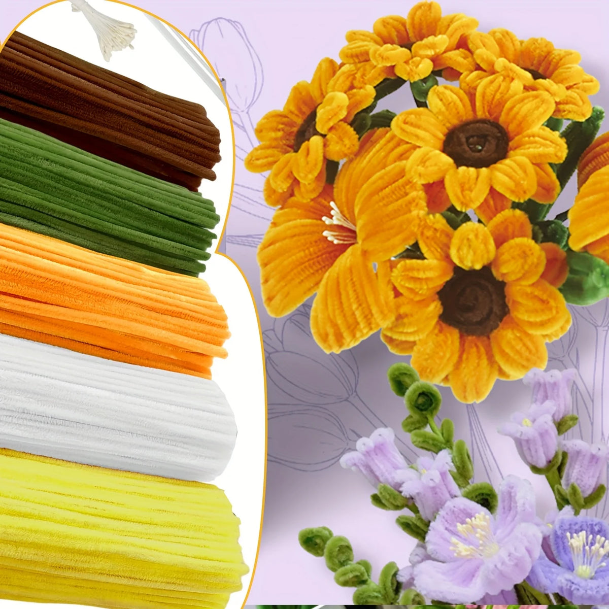 Collection de pailles enfilées colorées, brun, vert, orange, blanc et jaune, à côté d'un bouquet