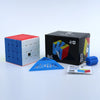 Une boîte noire contenant un puzzle cube magnétique bleu et rouge et une feuille d'instructions.