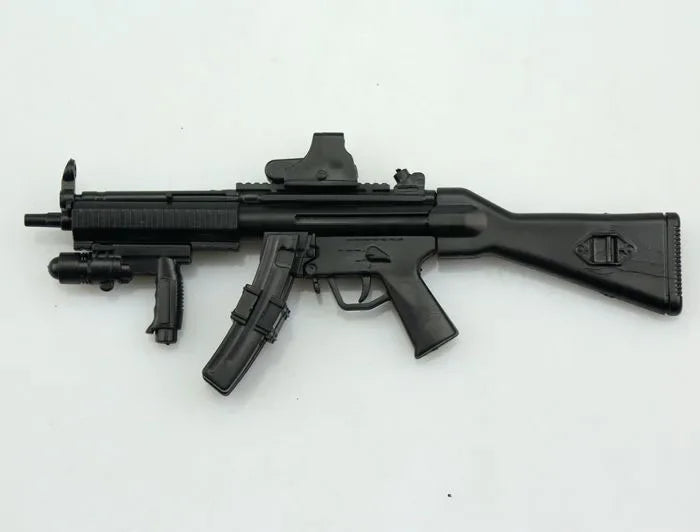A black 1:6 scale MP5SD5 submachine gun model kit for action figures.