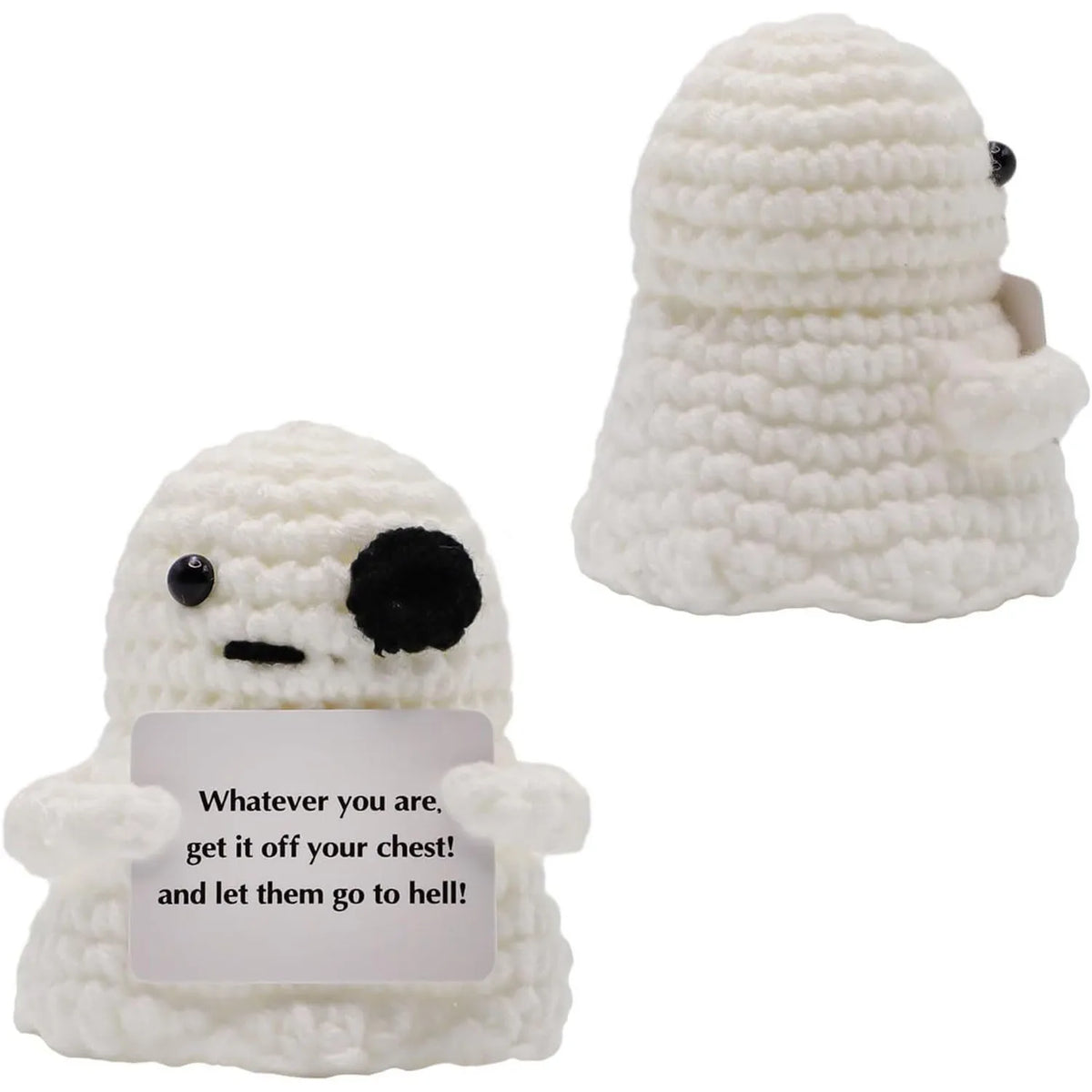 A handmade knitted white bat doll with a black face and a card attached.