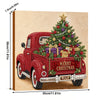A red vintage truck decorated with a Christmas tree and gifts made of pearls, presented in a diamond painting frame.