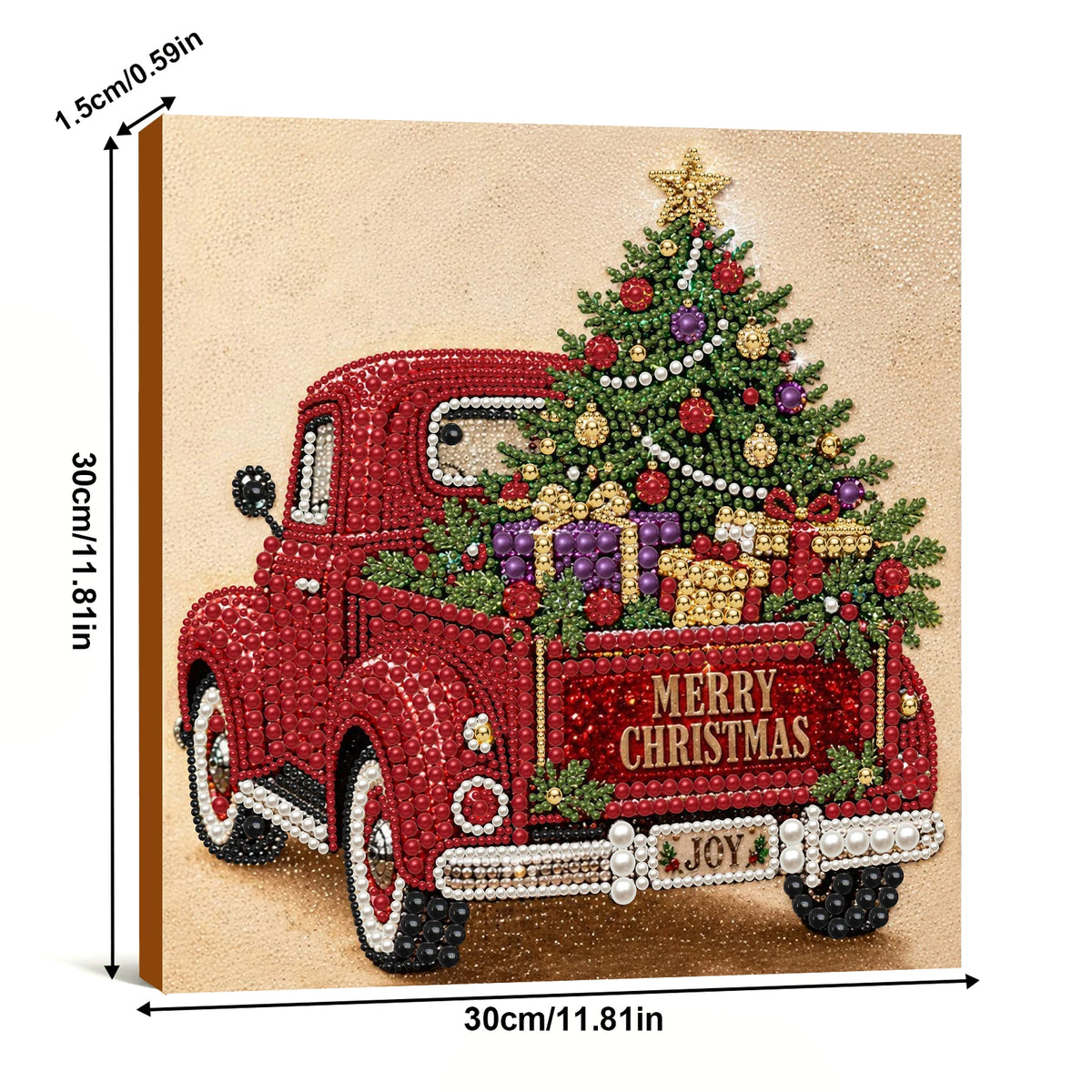 A red vintage truck decorated with a Christmas tree and gifts made of pearls, presented in a diamond painting frame.