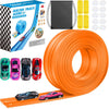 Orange flexible car race track with suction cups and a plastic racing game box.