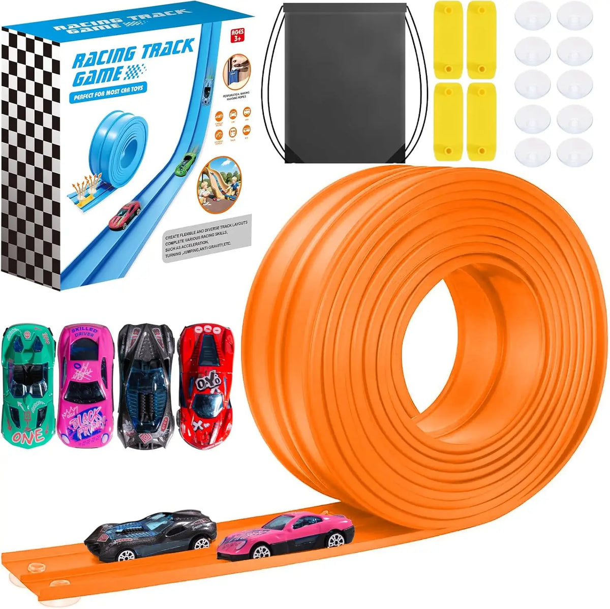 Orange flexible car race track with suction cups and a plastic racing game box.