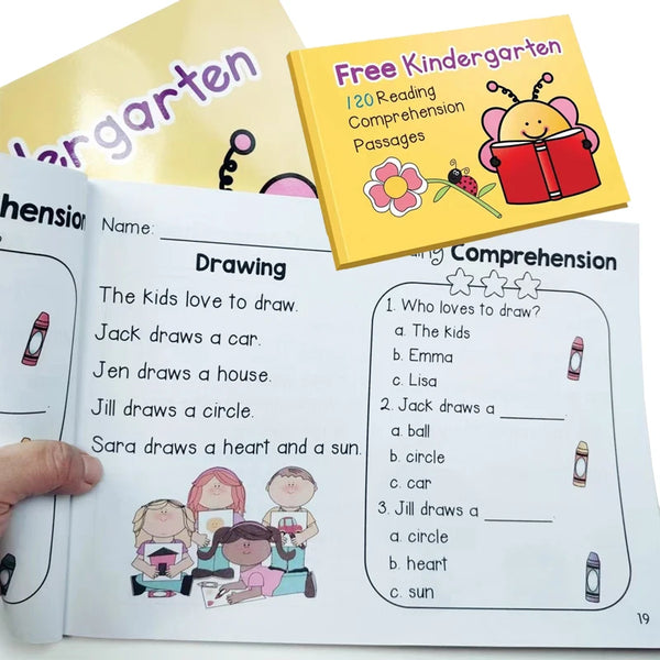 A yellow and pink children's book showing drawing activities and reading comprehension exercises.