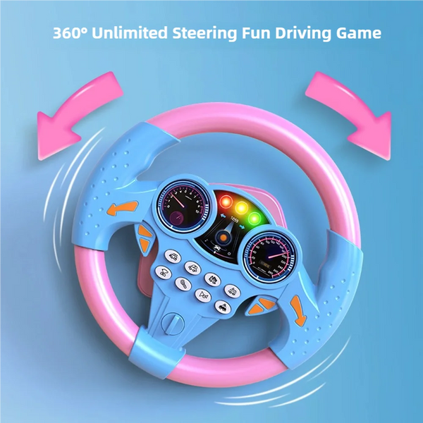 A pink and blue 360 degree rotating steering wheel for a driving game, shown with arrows indicating rotation.